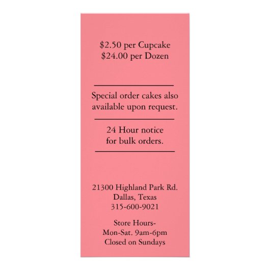Cupcake Bake Business Menü Rack Card (Hinten)