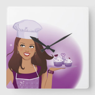 Cupcake Bakery Clock Illustrated Quadratische Wanduhr