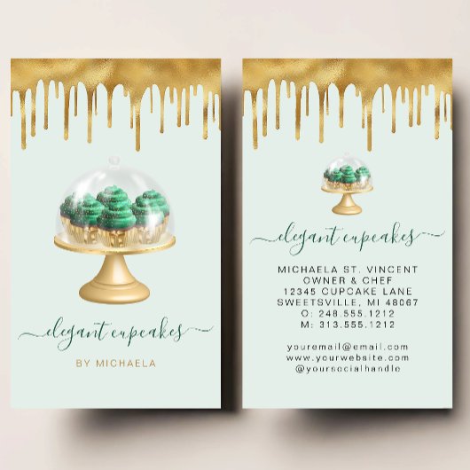 Cupcake Bakery Emerald Green Faux Gold Foil Drip Visitenkarte