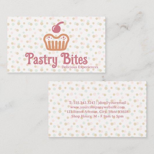 Cupcake Bakery Logo | Polka Dot Pattern Visitenkarte (Vorne/Hinten)