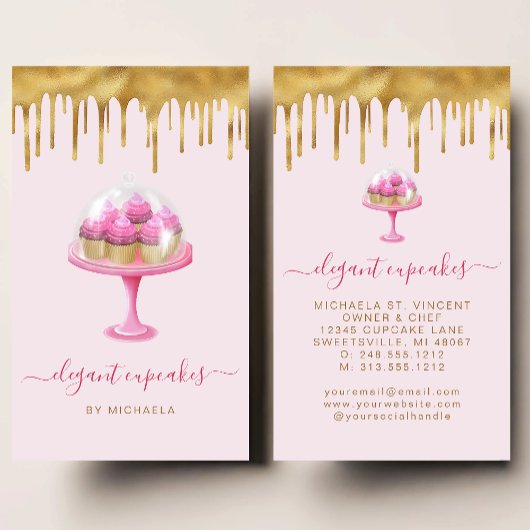 Cupcake Bakery Pink Faux Gold Foil Drip Visitenkarte