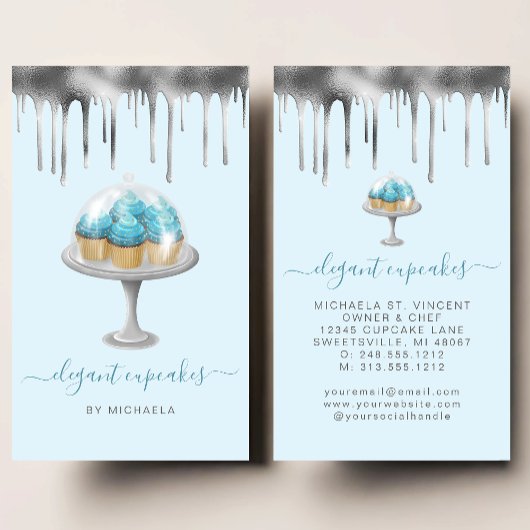 Cupcake Bakery Teal Faux Silver Foil Drip Visitenkarte