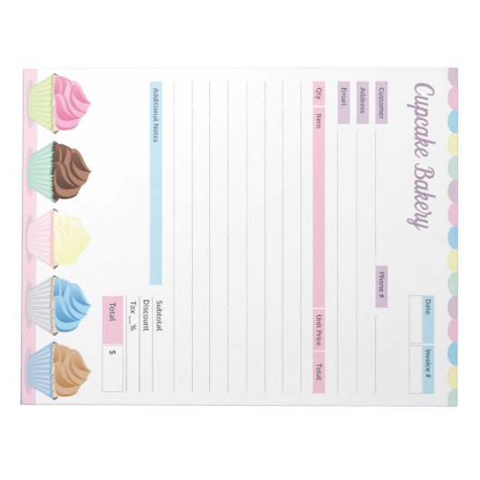 Cupcake Bakery Theme Order Form Rechnung Notepad Notizblock (Vorderseite)