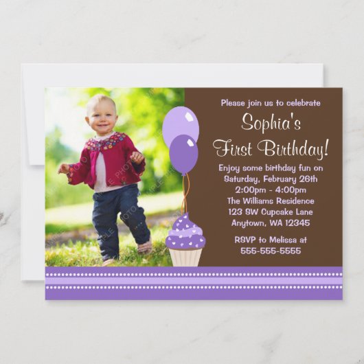 Cupcake Balloons Brown Lila Foto Geburtstag Einladung (Vorderseite)