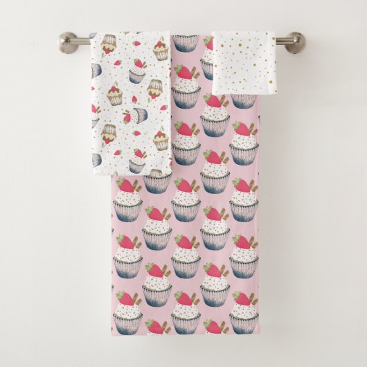 Cupcake Bath Handtuch Set - Pink Polka Dot Dessert (Insitu)
