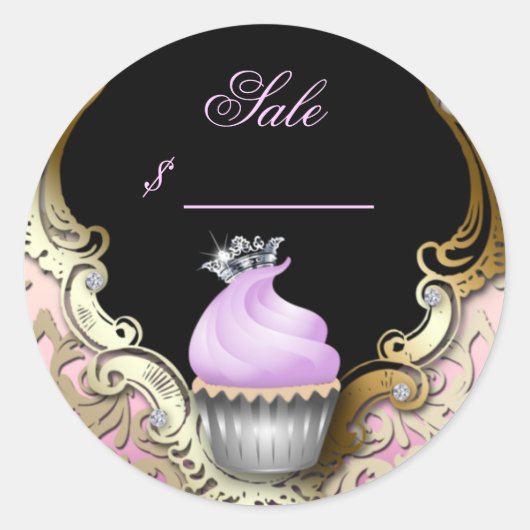 Cupcake Business Card Elegante Damaske Lila Schwar Runder Aufkleber (Vorderseite)