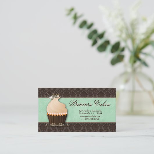 Cupcake Business Card Kronenminze brauner Damast Visitenkarte (Stehend Vorderseite)