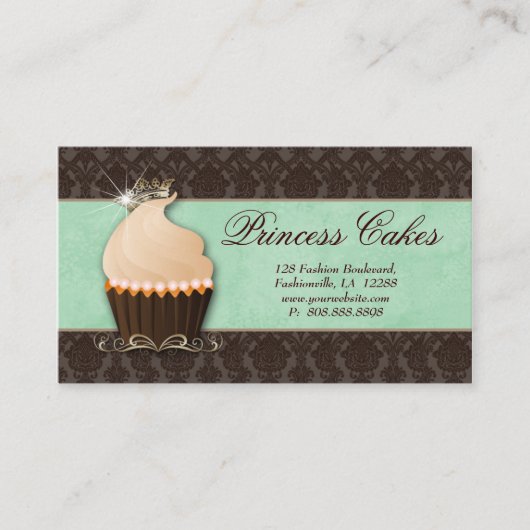 Cupcake Business Card Kronenminze brauner Damast Visitenkarte (Vorderseite)