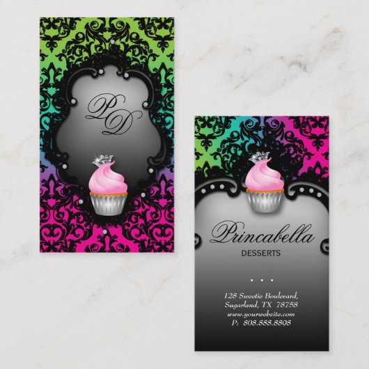 Cupcake Business Card Retrieuse Damask Rosa Grün Visitenkarte (Vorne/Hinten)