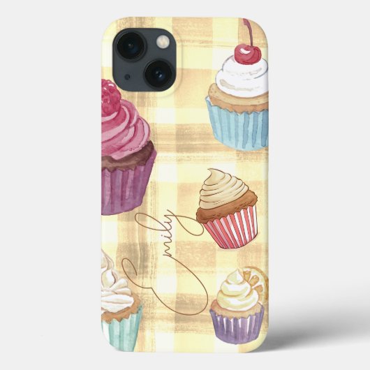 Cupcake-Gelb-Kariert-Monogram-Baker Case-Mate iPhone Hülle (Rückseite)
