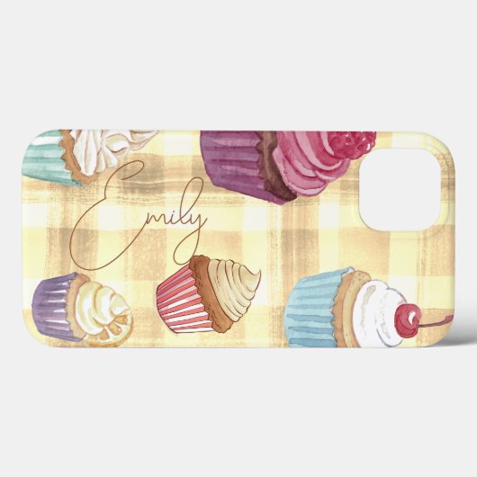 Cupcake-Gelb-Kariert-Monogram-Baker Case-Mate iPhone Hülle (Rückseite (Horizontal))