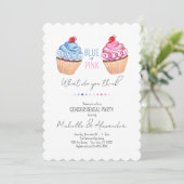 Cupcake Gender Reveal Blue Pink Classy Foto Party Einladung (Stehend Vorderseite)