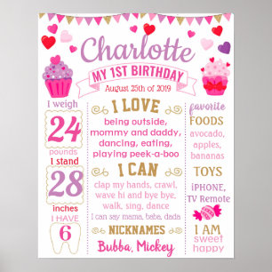 Cupcake Hearts erstes Geburtstagsbrett für ein Mäd Poster