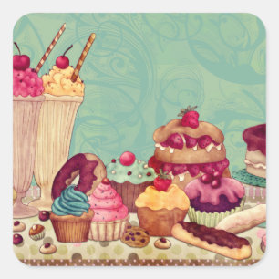 Cupcake & Ice Cream Patisserie Gift Tags Quadratischer Aufkleber