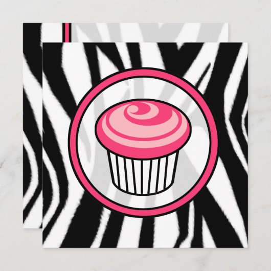 Cupcake Invasion - Zebra Print / Pink & Black Einladung (Vorne/Hinten)