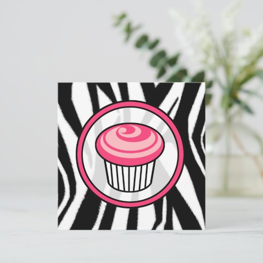 Cupcake Invasion - Zebra Print / Pink & Black Einladung (Stehend Vorderseite)