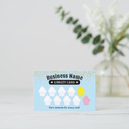 Cupcake Kuchen Bäckerei Light Blue Kundenloytion Treuekarte (Stehend Vorderseite)