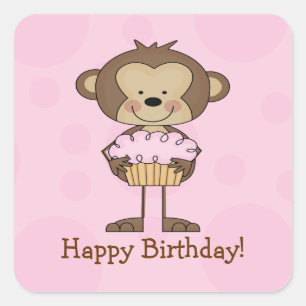 Cupcake Monkey Happy Birthday Square Sticker