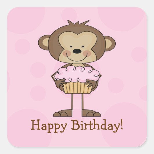 Cupcake Monkey Happy Birthday Square Sticker (Vorderseite)