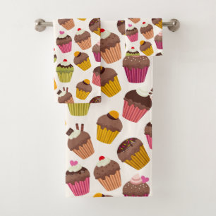 Cupcake Muster, Muffin Muster, Schokolade, Herz Badhandtuch Set