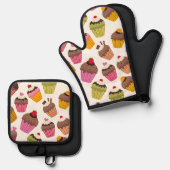 Cupcake Muster, Muffin Muster, Schokolade, Herz Ofenhandschuh & Topflappen-Set (Vorderseite/Rückseite)