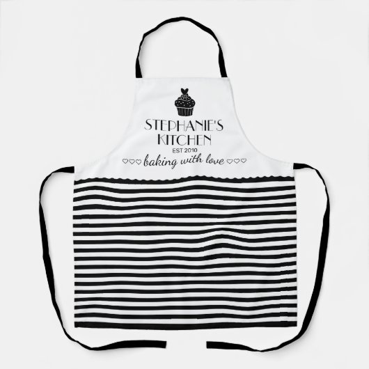 Cupcake Name Backen mit Liebe Streifen Schwarze Sc Schürze (Vorderseite)