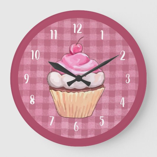 Cupcake Niedlich Pink Gingham Bäckerei Dessert Große Wanduhr (Vorderseite)