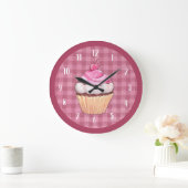 Cupcake Niedlich Pink Gingham Bäckerei Dessert Große Wanduhr (Zuhause)