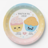 Cupcake oder Stud Muffin Gender Reveal Pappteller (Vorderseite)