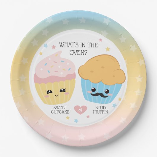 Cupcake oder Stud Muffin Gender Reveal Pappteller (Vorderseite)
