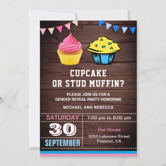 Cupcake oder Stud Muffin Gender Reveal Party Einladung (Vorderseite)