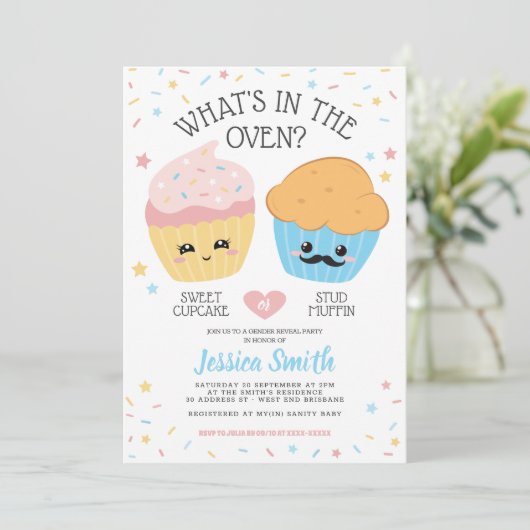 Cupcake oder Stud Muffin Gender Reveal Party Einladung (Stehend Vorderseite)