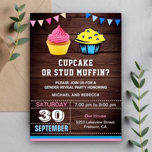 Cupcake oder Stud Muffin Gender Reveal Party Einladung