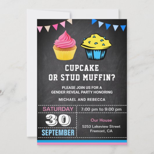 Cupcake oder Stud Muffin Gender Reveal Party Einladung (Vorderseite)