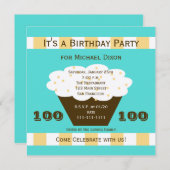 Cupcake on Aqua 100. Geburtstagsparty Einladung (Vorne/Hinten)