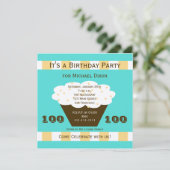 Cupcake on Aqua 100. Geburtstagsparty Einladung (Stehend Vorderseite)