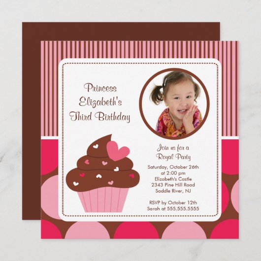 Cupcake Photo Birthday Invitation Pink Polka Dots Einladung (Vorne/Hinten)