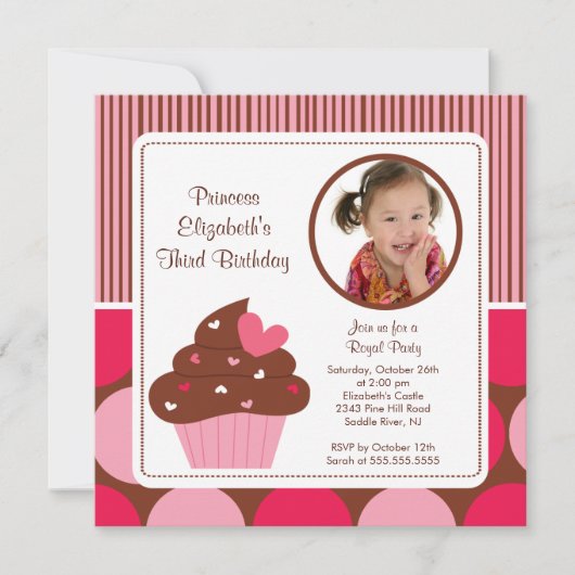 Cupcake Photo Birthday Invitation Pink Polka Dots Einladung (Vorderseite)