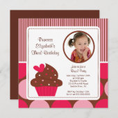 Cupcake Photo Birthday Invitation Pink Polka Dots Einladung (Vorne/Hinten)