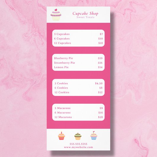 Cupcake Pink Menu & Price List Rack Card Werbekarte
