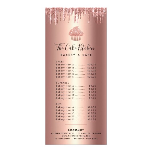 Cupcake Rose Gold Copper Glitter Bakery Chief Menu Werbekarte (Vorne)