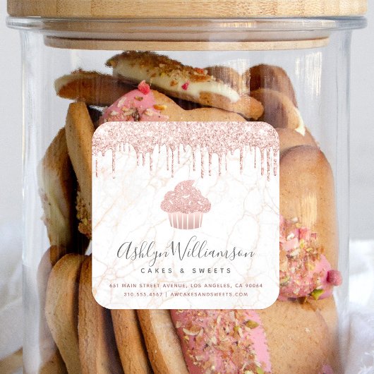 Cupcake Rose Gold Glitzer Tropfen Marmorbäckerei K Quadratischer Aufkleber