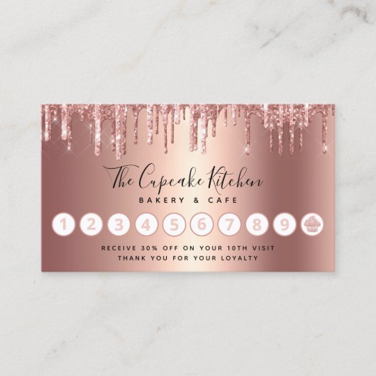 Cupcake Rose Gold Kupfer Glitzer Tropfen Bäckerei Treuekarte (Vorderseite)