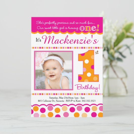 Cupcake Süsse Pie (Pink & Orange) Erster Geburtsta Einladung (Stehend Vorderseite)