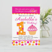 Cupcake Süsse Pie (rosa & orange) Erster Geburtsta Einladung (Stehend Vorderseite)