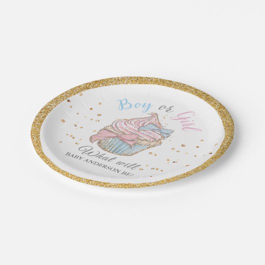 Cupcake Theme Gender Reveal Party Paper Plate Pappteller (Schrägansicht)