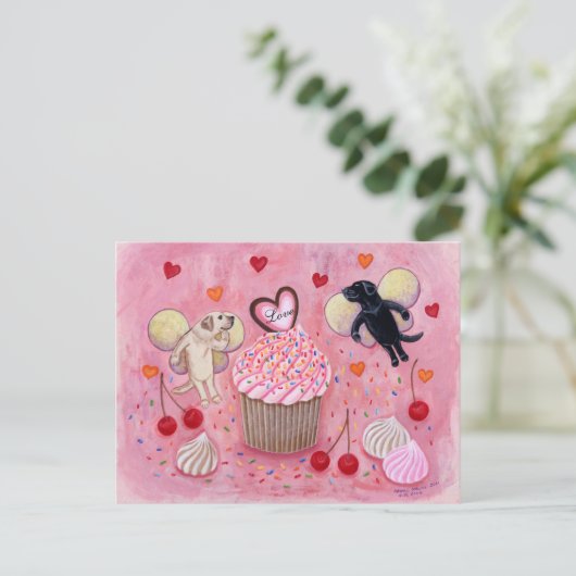 Cupcake und Labrador Fairies Malerei Postkarte (Stehend Vorderseite)