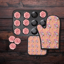 Cupcake und Mixer pfirsichfarben Ofenhandschuh & Topflappen-Set