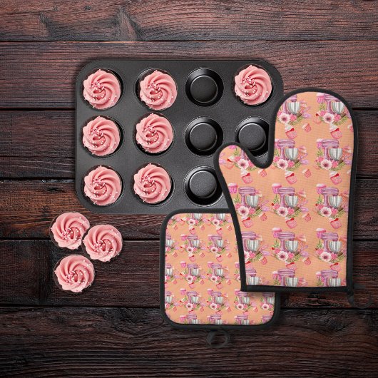 Cupcake und Mixer pfirsichfarben Ofenhandschuh & Topflappen-Set