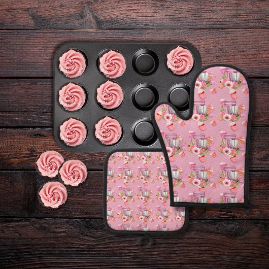 Cupcake und Mixer Pink Ofenhandschuh & Topflappen-Set